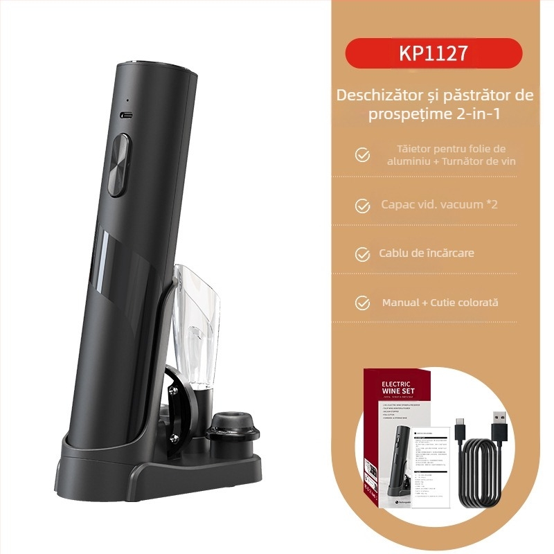 Set de vin, 5 piese, cu dop de vid, dozator de vin, tăietor pentru folie, deschizător de sticle și bază de depozitare; material plastic, stil lux lejer retro