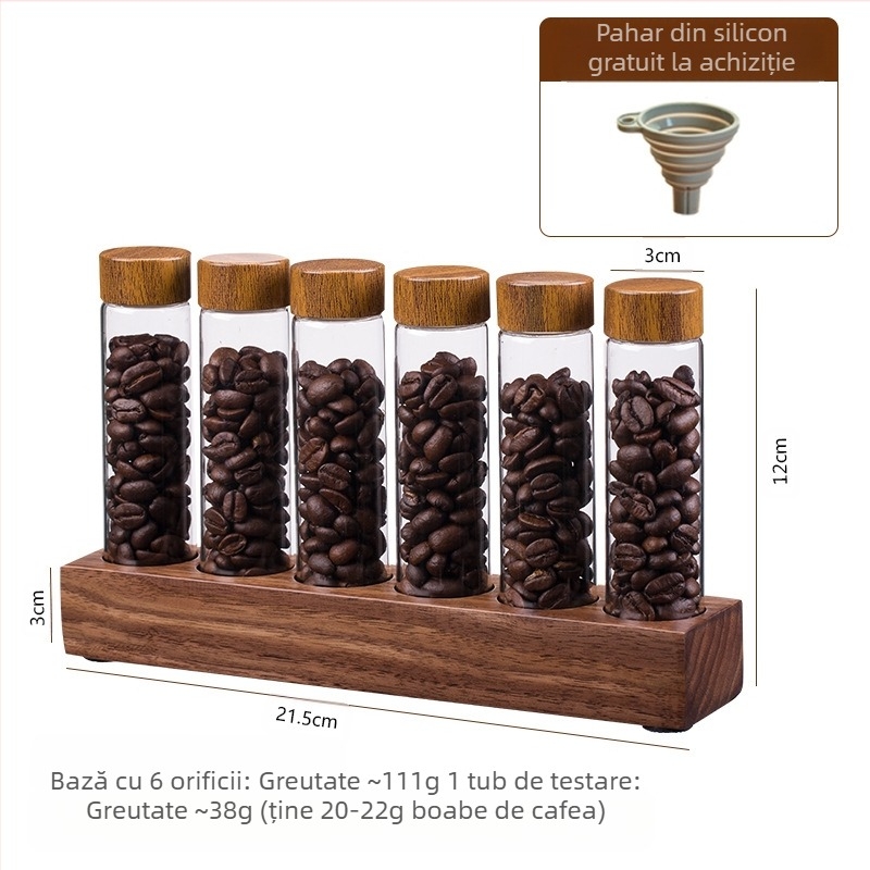 Raft de afișare pentru boabe de cafea cu borosilicat din nuc și recipiente din sticlă borosilikat – depozitare sigilată a aromei