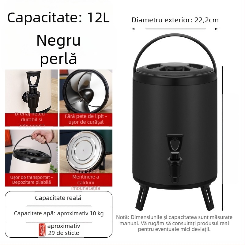 Găleată din oțel inoxidabil, izolație cu spumă, dublu strat, pentru ceai cu lapte, capacitate 6-12 L