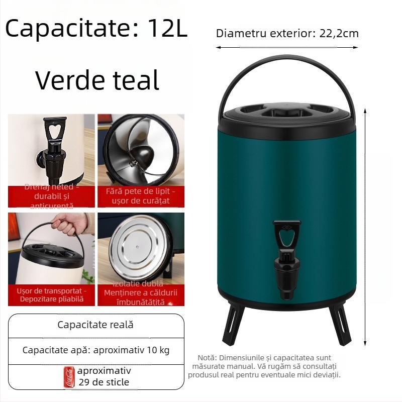 Găleată din oțel inoxidabil, izolație cu spumă, dublu strat, pentru ceai cu lapte, capacitate 6-12 L