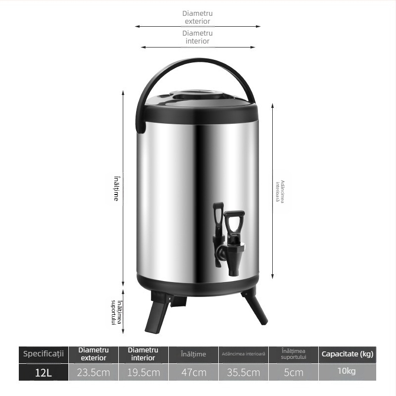 Găleată din oțel inoxidabil, izolație cu spumă, dublu strat, pentru ceai cu lapte, capacitate 6-12 L