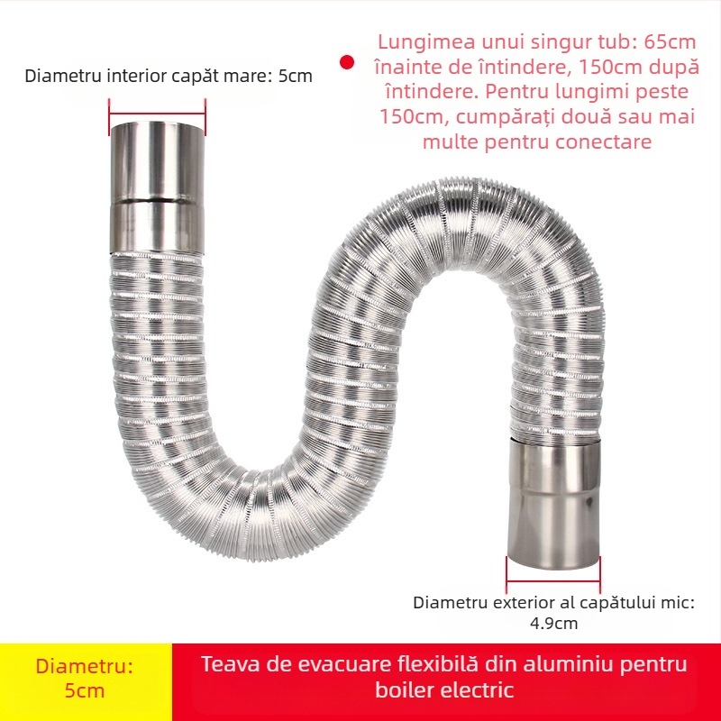 Conductă evacuare pentru încălzitor de apă pe gaz, din oțel inox, cu folie de aluminiu, furtun extensibil, model Y-RSQ-LBDT-60, Conjoranco