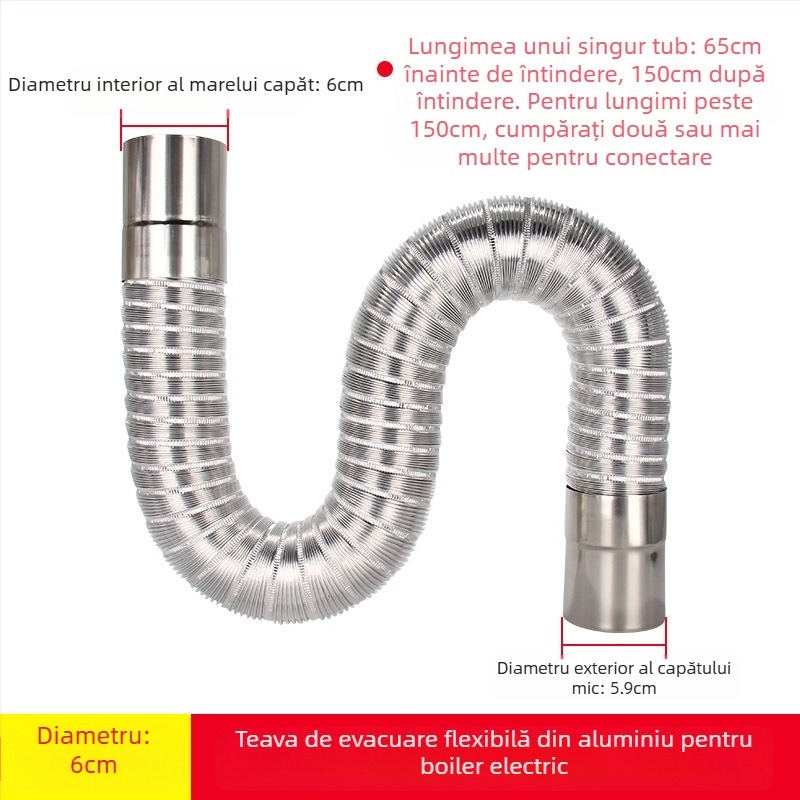 Conductă evacuare pentru încălzitor de apă pe gaz, din oțel inox, cu folie de aluminiu, furtun extensibil, model Y-RSQ-LBDT-60, Conjoranco