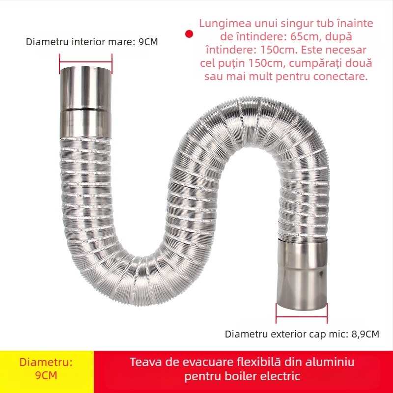 Conductă evacuare pentru încălzitor de apă pe gaz, din oțel inox, cu folie de aluminiu, furtun extensibil, model Y-RSQ-LBDT-60, Conjoranco
