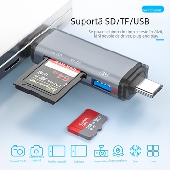 Cititor OTG pentru carduri – 6 în 1 SD/TF, USB 3.0, interfață USB-C, aliaj de aluminiu, portabil