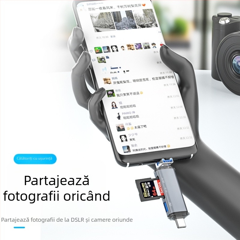 Cititor OTG pentru carduri – 6 în 1 SD/TF, USB 3.0, interfață USB-C, aliaj de aluminiu, portabil