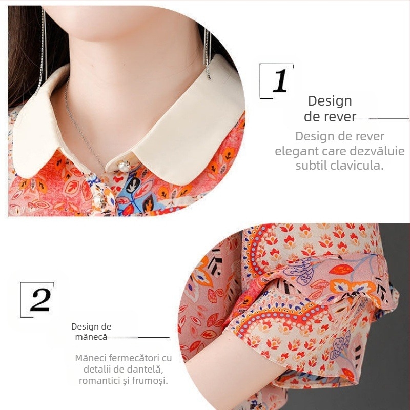 Bluza floral din chiffon pentru femei – guler polo, imprimeu, mâneci 7/8, Vară 2023