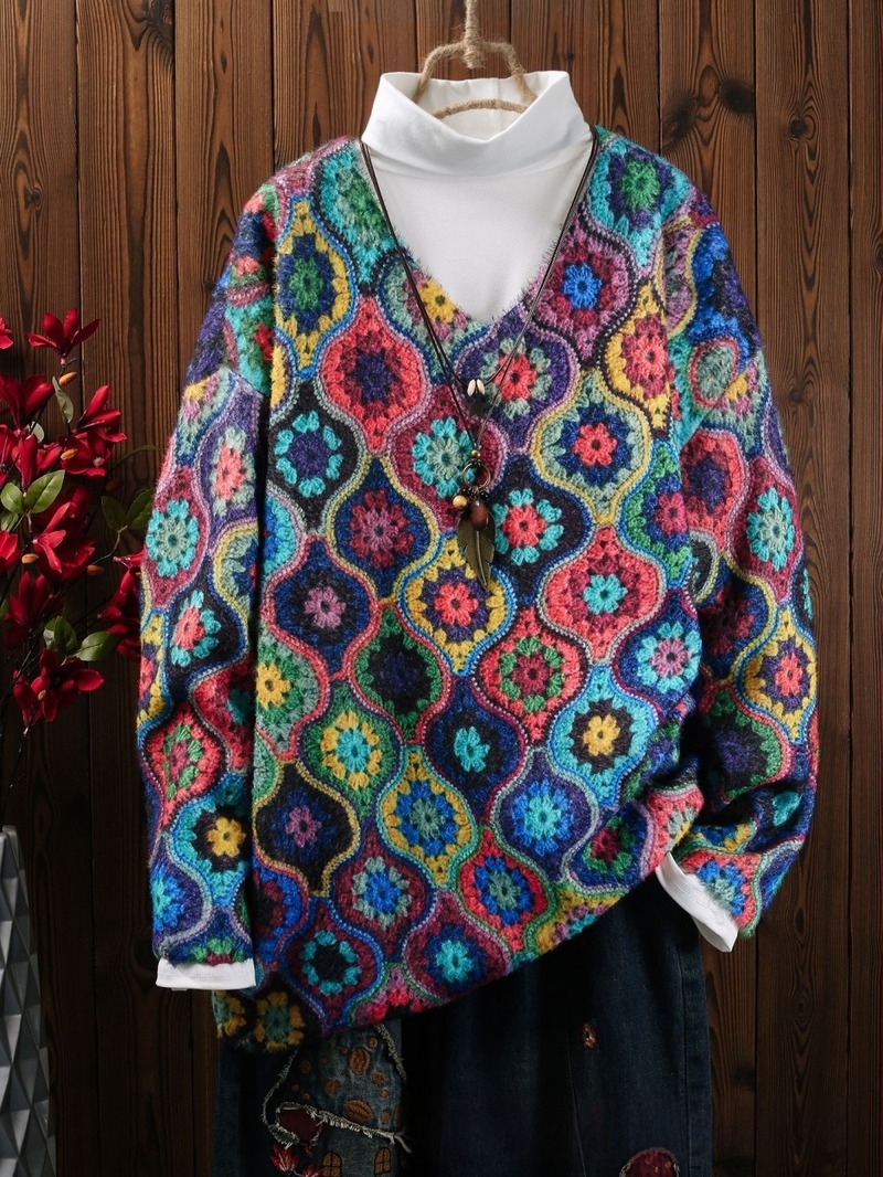 Pulover cu decolteu în V, model geometric, poliester, toamnă 2024