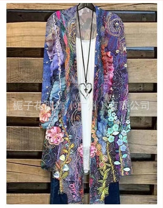 Bluza de damă cu mânecă lungă, imprimeu, lungime extinsă, guler de blană, poliester