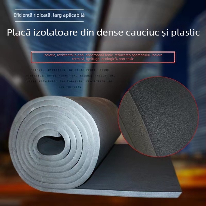 Plăcuță izolantă din cauciuc-plastic cu microporozitate, foaie rulată, pentru izolație termică și fonică; material principal: cauciuc și plastic; conductivitate termică 0.035 W/mK; formă: placă rulată