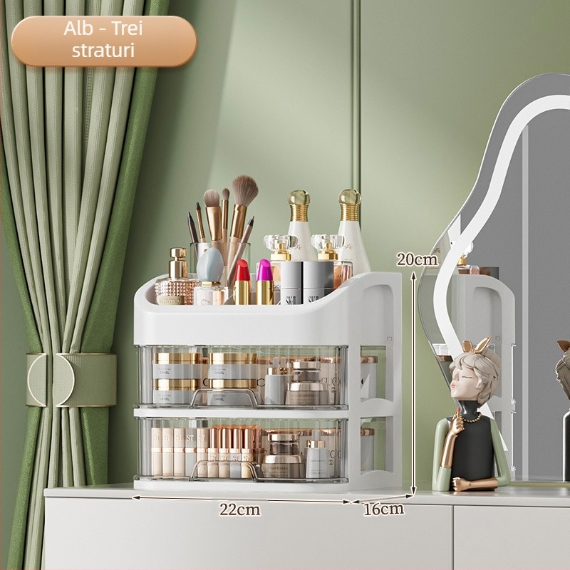 Organizator de cosmetică pentru birou, sertare transparente cu mai multe straturi, capacitate 12L, plastic PP, compartiment pentru ruj
