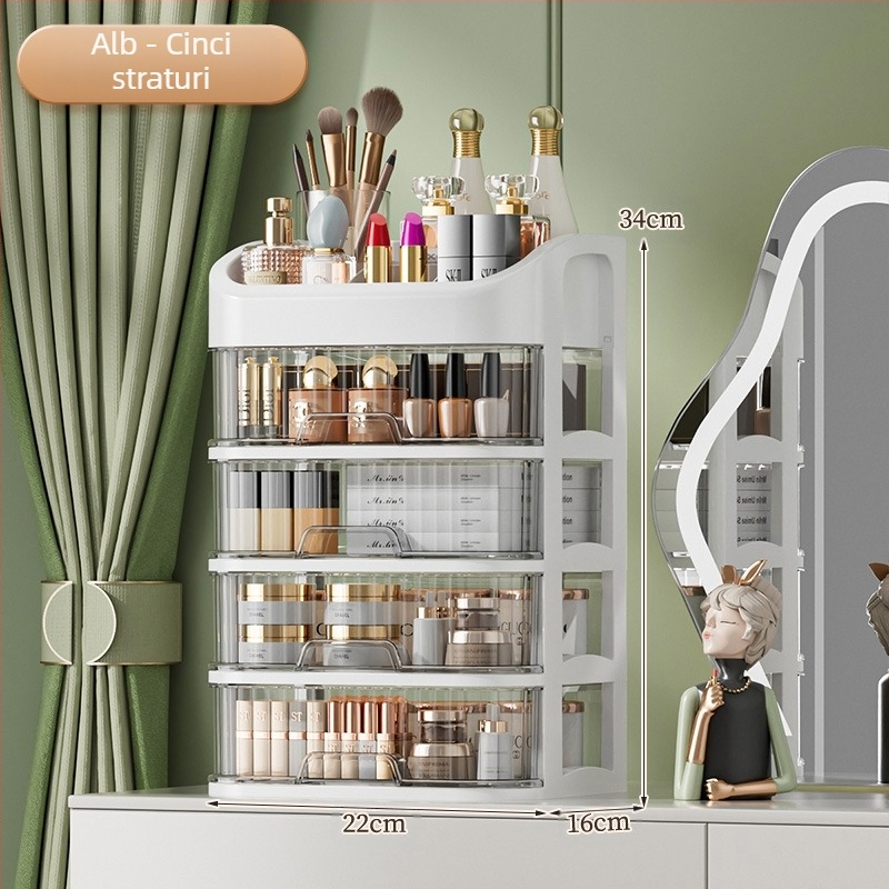 Organizator de cosmetică pentru birou, sertare transparente cu mai multe straturi, capacitate 12L, plastic PP, compartiment pentru ruj