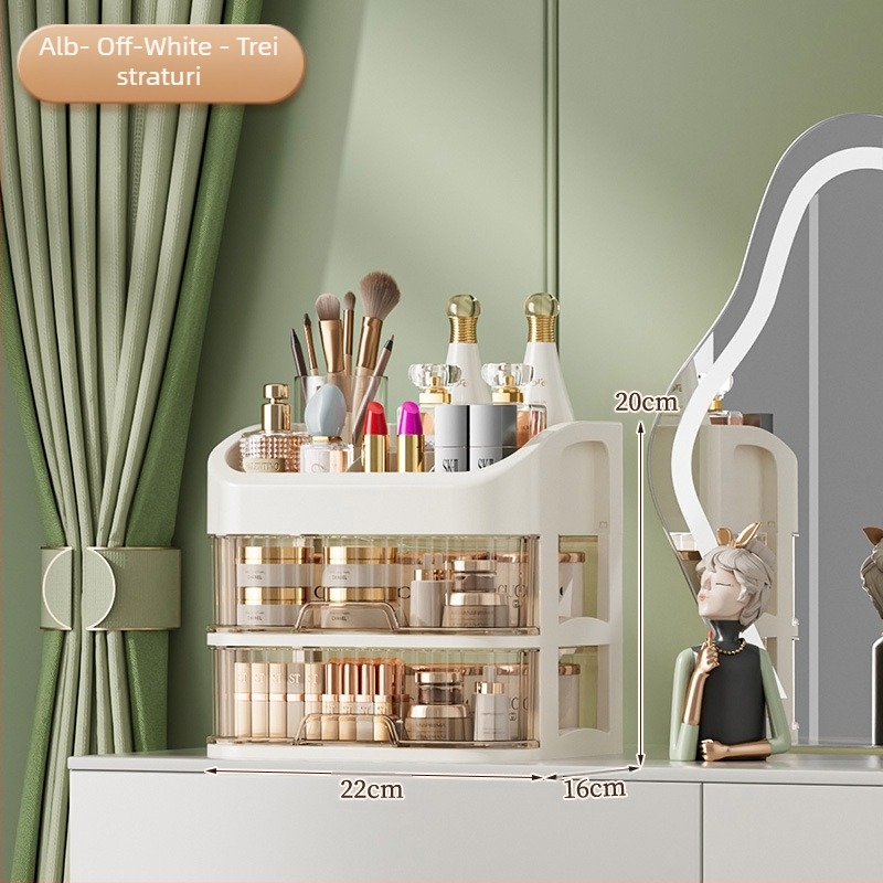 Organizator de cosmetică pentru birou, sertare transparente cu mai multe straturi, capacitate 12L, plastic PP, compartiment pentru ruj