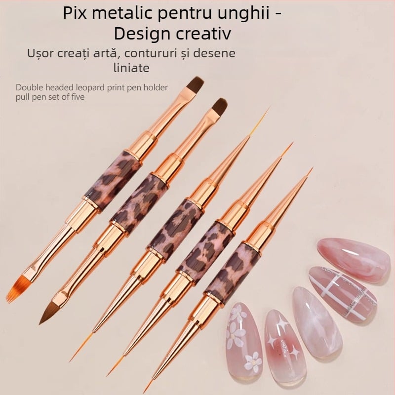 Minychi set de 5 instrumente pentru artă unghii cu mânere metalice lungi, vârf plat pentru gradient și linii fine