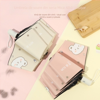 Umbrelă pliabilă cu design ursuleț desen animat, 8 arce din oțel, țesătură 190T cu acoperire vinil, deschidere automată, închidere semiautomată, protecție UV UPF 30+