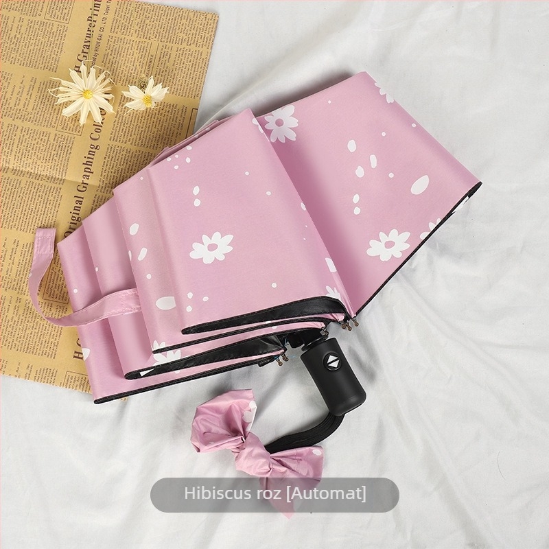 Umbrelă pliabilă cu design ursuleț desen animat, 8 arce din oțel, țesătură 190T cu acoperire vinil, deschidere automată, închidere semiautomată, protecție UV UPF 30+