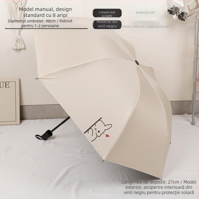Umbrelă pliabilă cu design ursuleț desen animat, 8 arce din oțel, țesătură 190T cu acoperire vinil, deschidere automată, închidere semiautomată, protecție UV UPF 30+