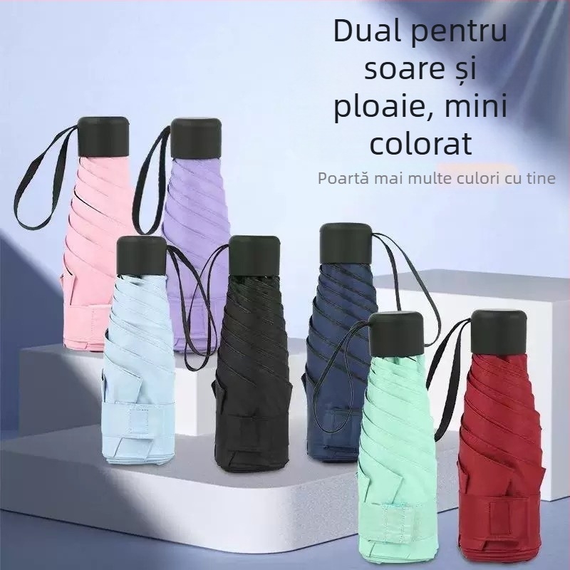 Umbrelă capsulă compactă, cadru cu 6 brațe, deschidere manuală, UPF > 50, țesătură 210T, ax din fier