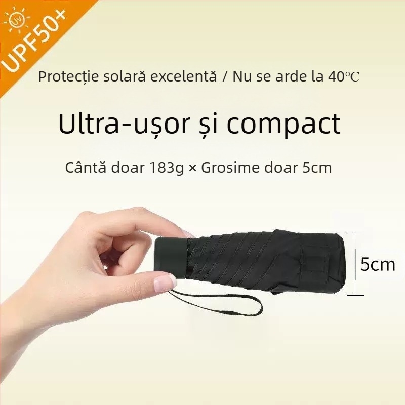 Umbrelă capsulă compactă, cadru cu 6 brațe, deschidere manuală, UPF > 50, țesătură 210T, ax din fier