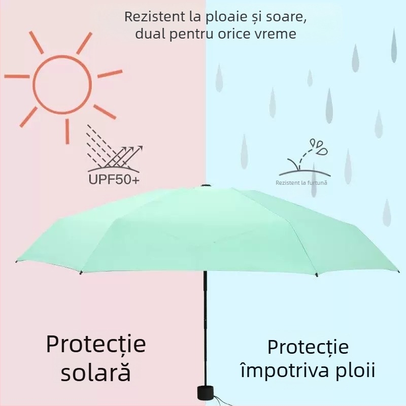 Umbrelă capsulă compactă, cadru cu 6 brațe, deschidere manuală, UPF > 50, țesătură 210T, ax din fier