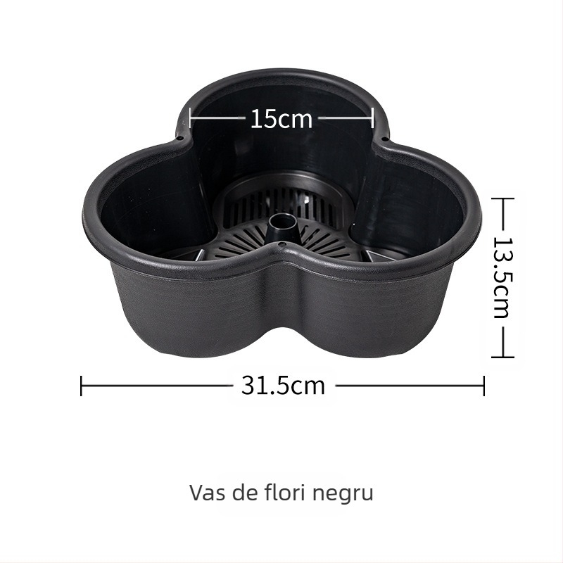 Ghiveci de flori, plastic, respirabil, biodegradabil, durabil; economie de apă, rezistență la secetă; utilizări: combinație, birou, podea, suspendat; fabricație: turnare prin injecție