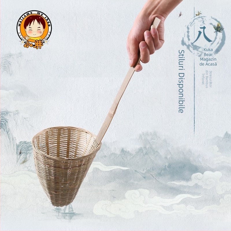 Filtru de bucătărie din bambus, lucrat manual, cu coș pentru tăiței și linguriță pentru pudră de orez – Origine: Chaozhou, Categorie: Lingură de bucătărie