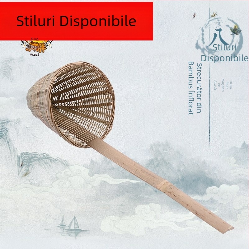 Filtru de bucătărie din bambus, lucrat manual, cu coș pentru tăiței și linguriță pentru pudră de orez – Origine: Chaozhou, Categorie: Lingură de bucătărie