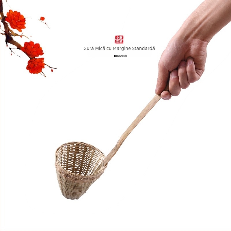 Filtru de bucătărie din bambus, lucrat manual, cu coș pentru tăiței și linguriță pentru pudră de orez – Origine: Chaozhou, Categorie: Lingură de bucătărie