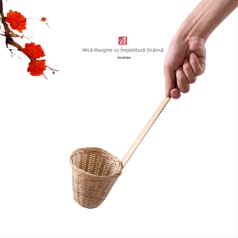 Filtru de bucătărie din bambus, lucrat manual, cu coș pentru tăiței și linguriță pentru pudră de orez – Origine: Chaozhou, Categorie: Lingură de bucătărie