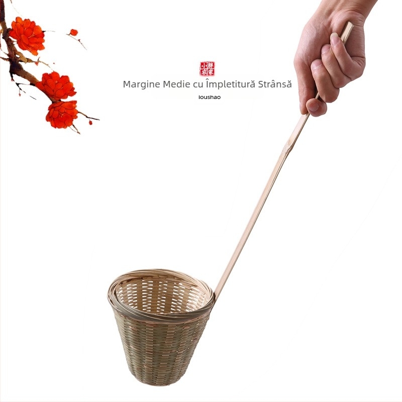Filtru de bucătărie din bambus, lucrat manual, cu coș pentru tăiței și linguriță pentru pudră de orez – Origine: Chaozhou, Categorie: Lingură de bucătărie