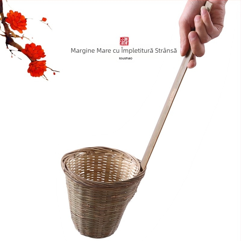 Filtru de bucătărie din bambus, lucrat manual, cu coș pentru tăiței și linguriță pentru pudră de orez – Origine: Chaozhou, Categorie: Lingură de bucătărie
