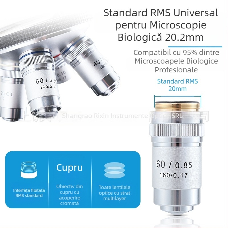 NISHAI obiectiv de microscop achromat — set cu 4x, 10x, 20x, 40x, 60x; aplicații: biologie, chimie, cercetare