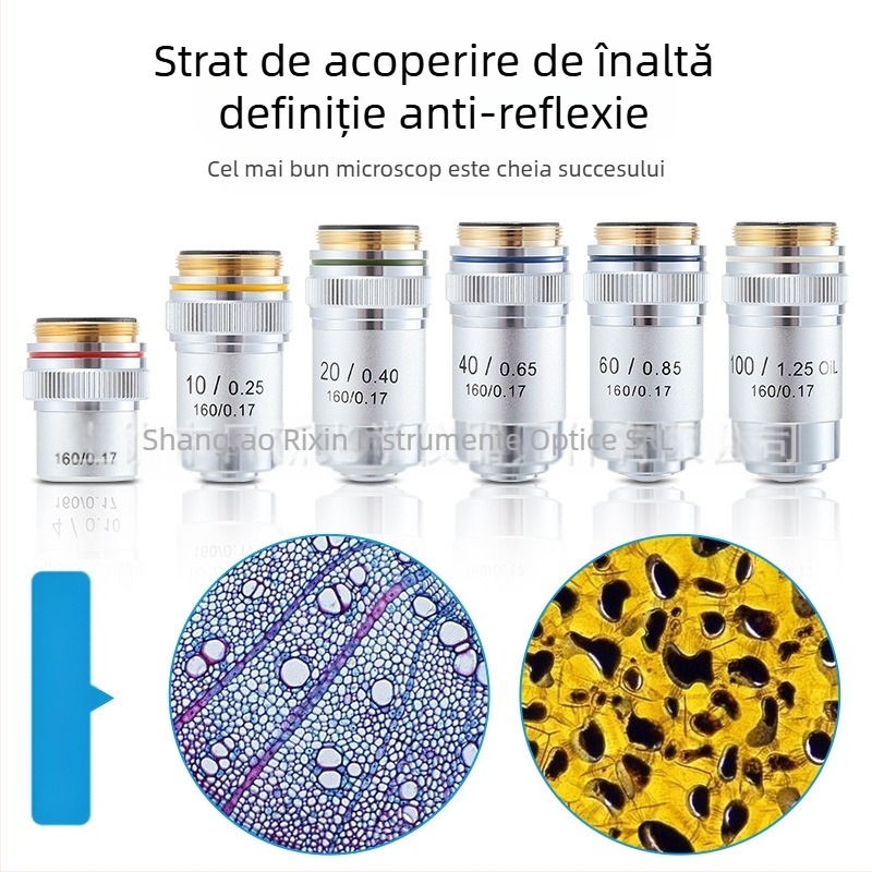NISHAI obiectiv de microscop achromat — set cu 4x, 10x, 20x, 40x, 60x; aplicații: biologie, chimie, cercetare