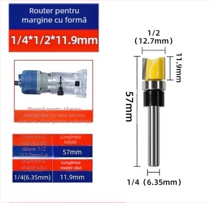 Cap de freză pentru finisaj lemn cu rulmenți, ax de 6.35 mm, freză dreaptă/copiere pentru frezare