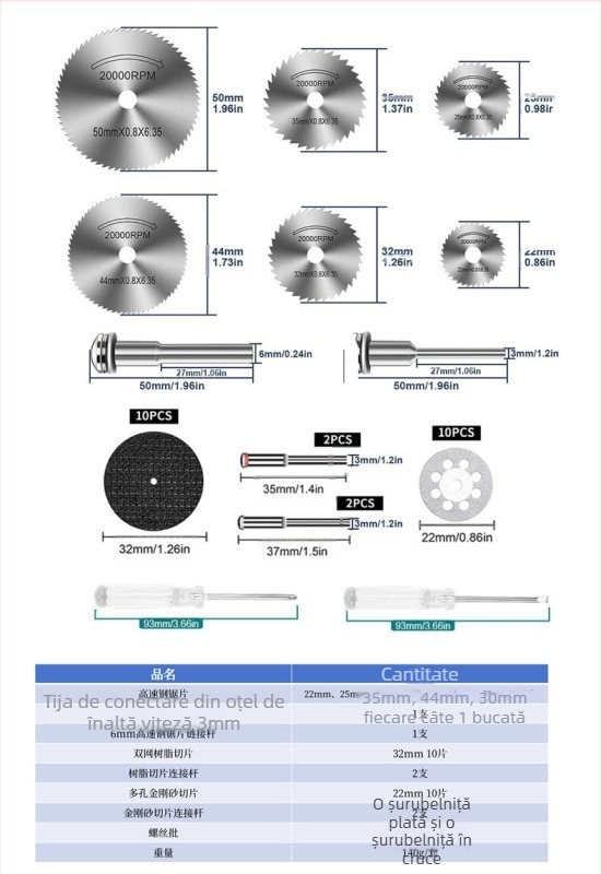 Set de discuri de tăiere WELIBA — Discuri diamantate și din rășină cu oțel de înaltă viteză pentru lemn, metal și jad; Viteza maximă de tăiere 20000