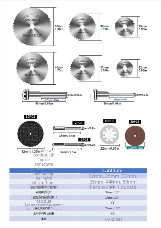 Set de discuri de tăiere WELIBA — Discuri diamantate și din rășină cu oțel de înaltă viteză pentru lemn, metal și jad; Viteza maximă de tăiere 20000