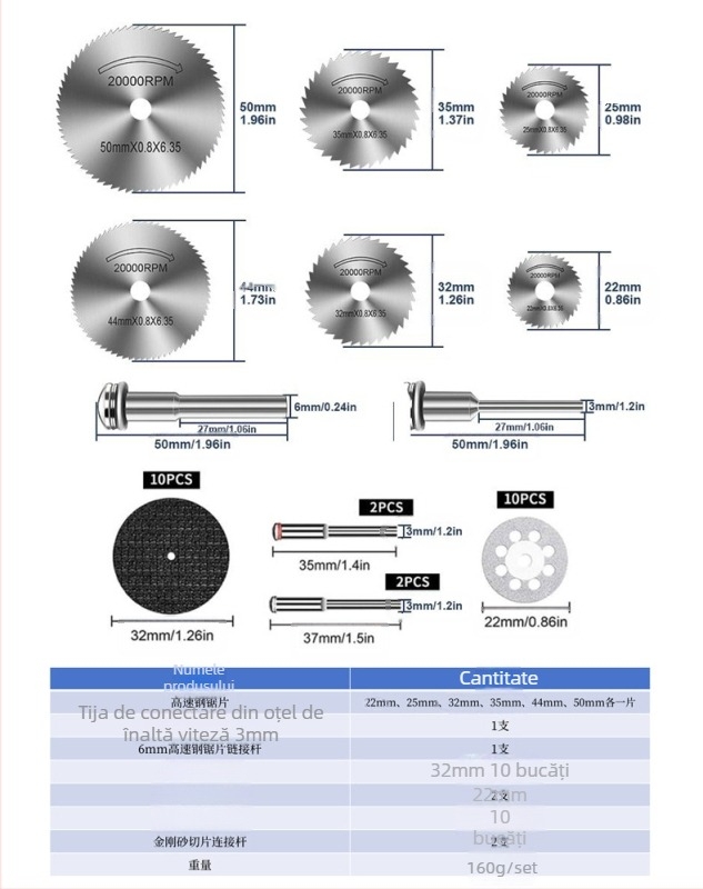 Set de discuri de tăiere WELIBA — Discuri diamantate și din rășină cu oțel de înaltă viteză pentru lemn, metal și jad; Viteza maximă de tăiere 20000