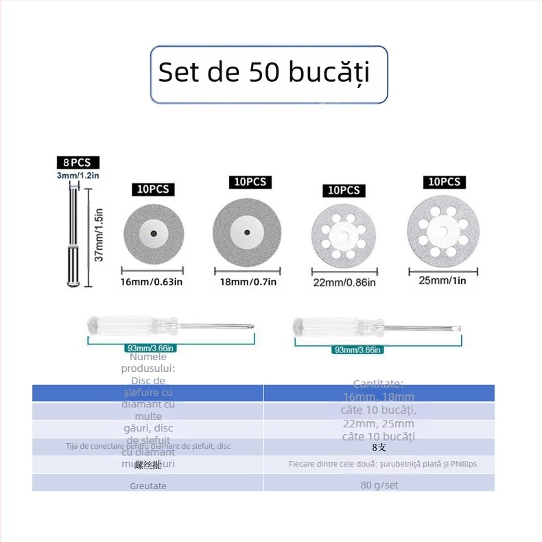 Set de discuri de tăiere WELIBA — Discuri diamantate și din rășină cu oțel de înaltă viteză pentru lemn, metal și jad; Viteza maximă de tăiere 20000