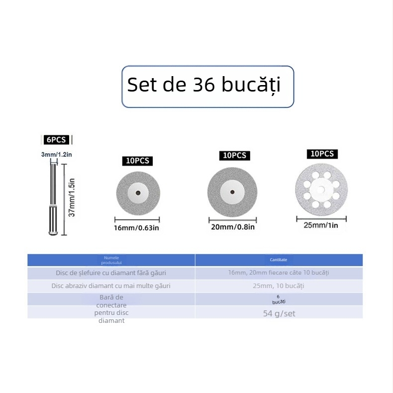 Set de discuri de tăiere WELIBA — Discuri diamantate și din rășină cu oțel de înaltă viteză pentru lemn, metal și jad; Viteza maximă de tăiere 20000