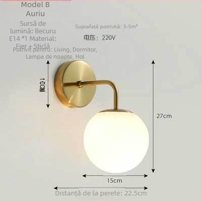 Lampă de perete LED cu abajur din sticlă, corp din aluminiu, tensiune ≤36V