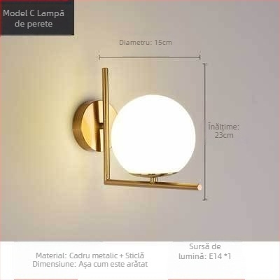 Lampă de perete LED cu abajur din sticlă, corp din aluminiu, tensiune ≤36V