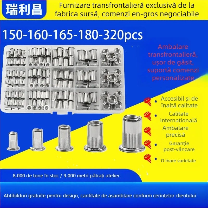 Set piulițe rivet, zincate, cap plat, în cutie, 150/160/165/230 buc., GB6172.2-86, Clasa A