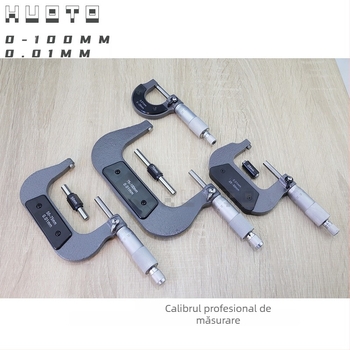 Micrometru cu filet HUOTO, intervală 0-100 mm, măsurare diametru exterior, diametru mijlociu al filetului, accesorii pentru măsurarea grosimii