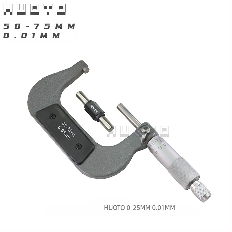 Micrometru cu filet HUOTO, intervală 0-100 mm, măsurare diametru exterior, diametru mijlociu al filetului, accesorii pentru măsurarea grosimii