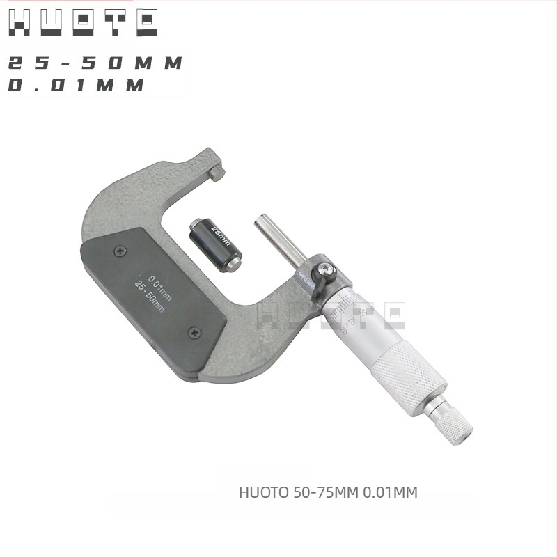 Micrometru cu filet HUOTO, intervală 0-100 mm, măsurare diametru exterior, diametru mijlociu al filetului, accesorii pentru măsurarea grosimii