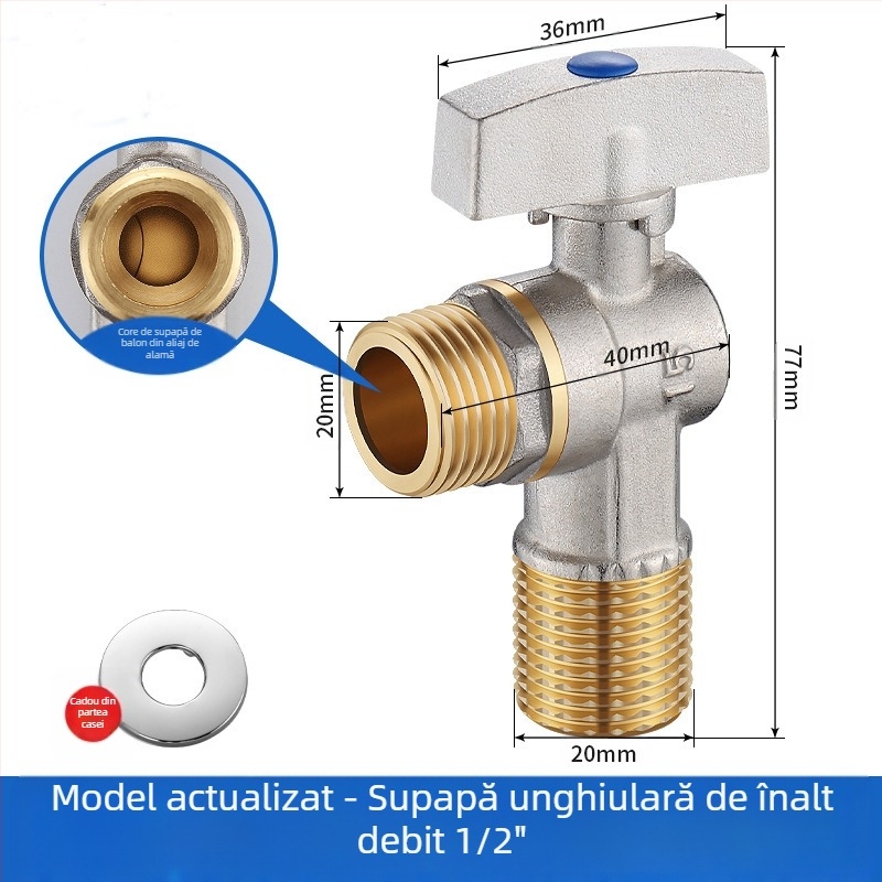 Robinet unghiular din alamă, montaj în perete, model 8289, presiune de lucru 1,6 MPa, diametru interior 14 mm