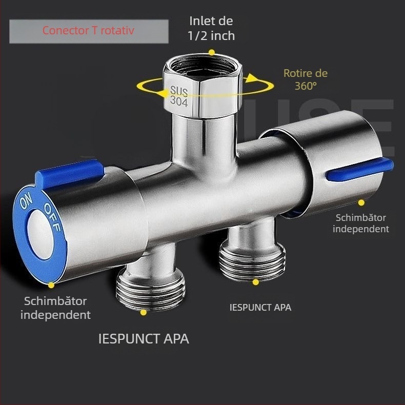 Valvă unghiulară din cupru cu două ieșiri pentru bucătărie și baie, cu duș multifuncțional și set însoțitor pentru toaletă, model: ieșire dublă, diametru interior 15, montaj în perete, presiune de lucru 0.8