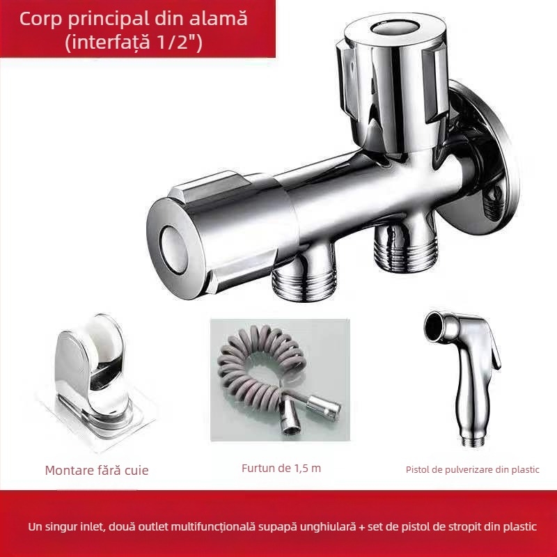 Valvă unghiulară din cupru cu două ieșiri pentru bucătărie și baie, cu duș multifuncțional și set însoțitor pentru toaletă, model: ieșire dublă, diametru interior 15, montaj în perete, presiune de lucru 0.8