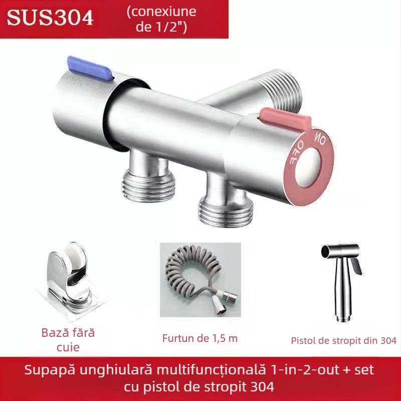 Valvă unghiulară din cupru cu două ieșiri pentru bucătărie și baie, cu duș multifuncțional și set însoțitor pentru toaletă, model: ieșire dublă, diametru interior 15, montaj în perete, presiune de lucru 0.8