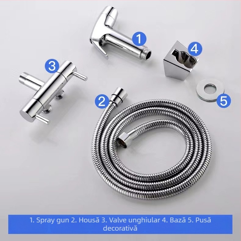 Set duș pentru toaletă cu montaj în perete, corp din cupru, ieșire dublă, robinet unghiular